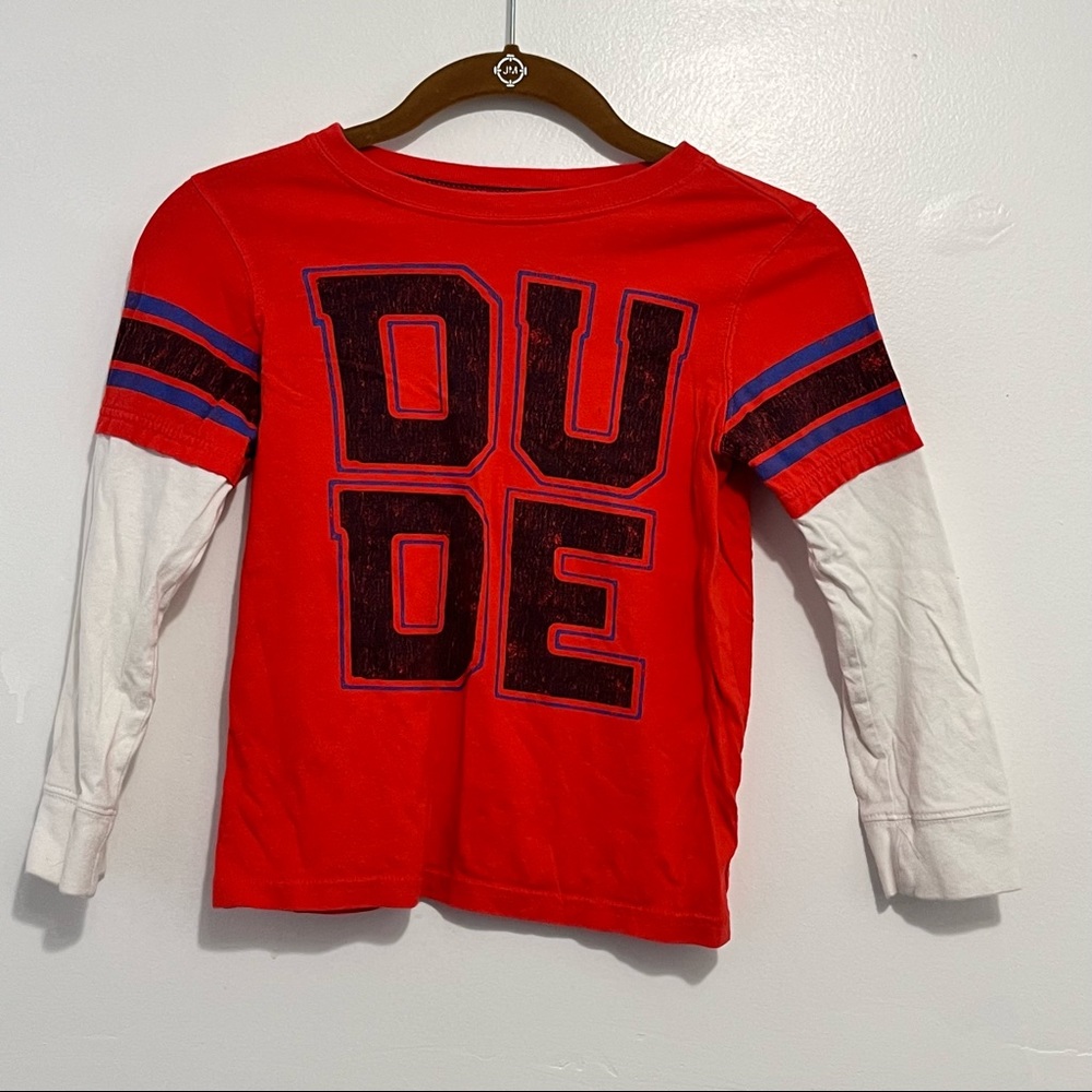 CARTER’S Boys Shirt 100% Cotton Red White DUDE Layer look Long Sleeve Size 6